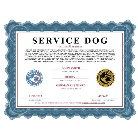 Printable Service Dog Certificate