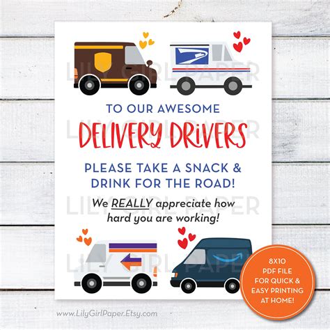 Printable Sign For Delivery Driver Snacks