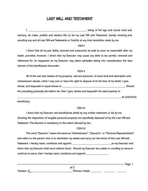 Printable Simple Last Will And Testament Forms