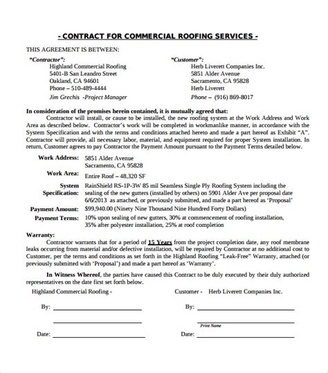 Printable Simple Roofing Contract Template