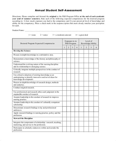 Printable Student Self Assessment Template