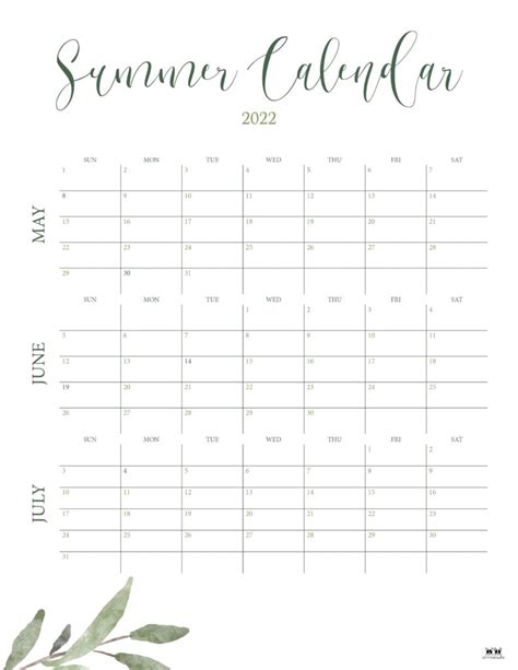 Printable Summer Calendar 2022