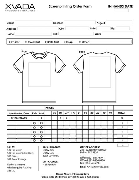 Printable T Shirt Order Form