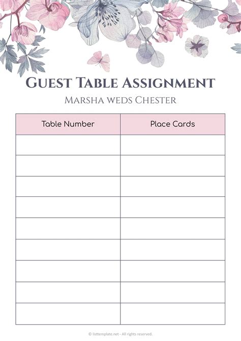 Printable Table Assignment Template