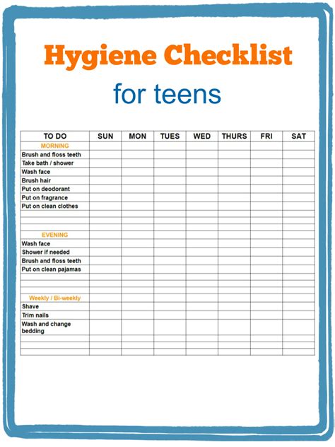 Printable Teenage Hygiene Checklist
