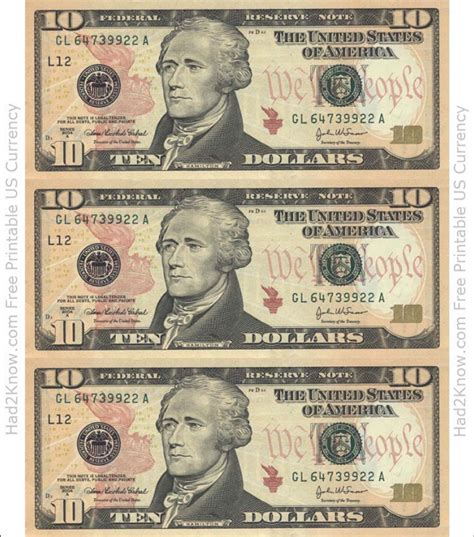 Printable Ten Dollar Bills