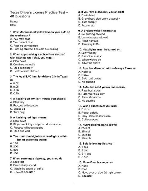 Printable Texas Drivers License Practice Test