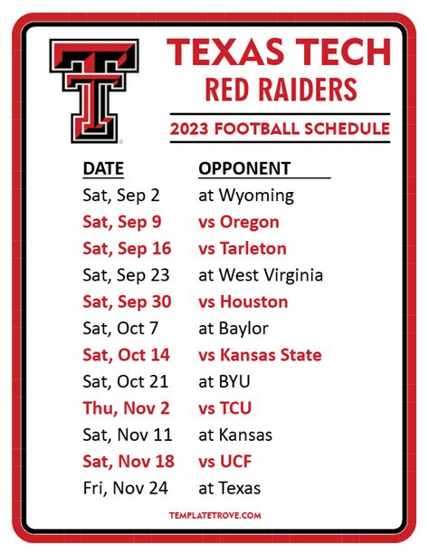Printable Texas Tech Football Schedule