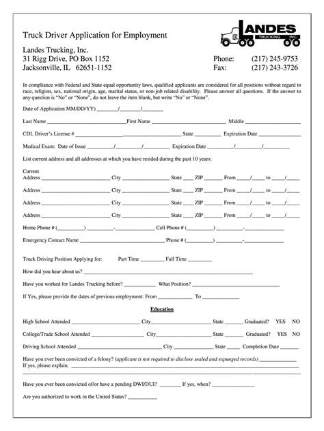 Printable Truck Driver Application Form