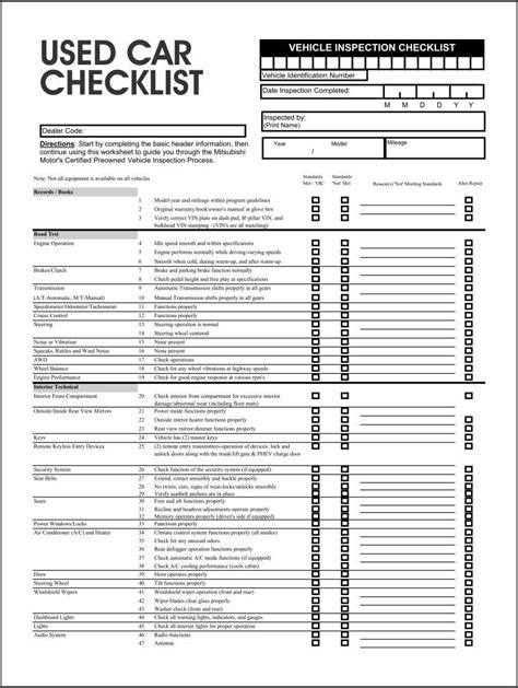 Printable Used Car Inspection Checklist Form