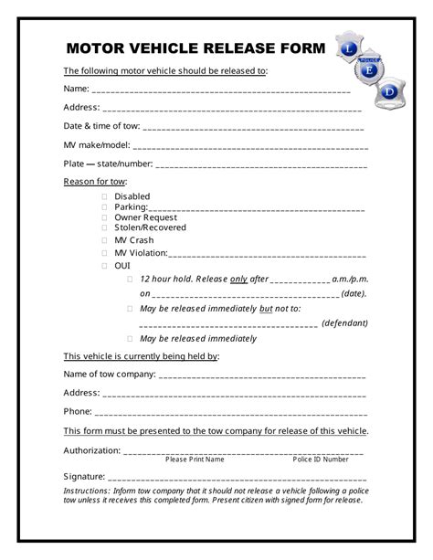 Printable Vehicle Release Form Template