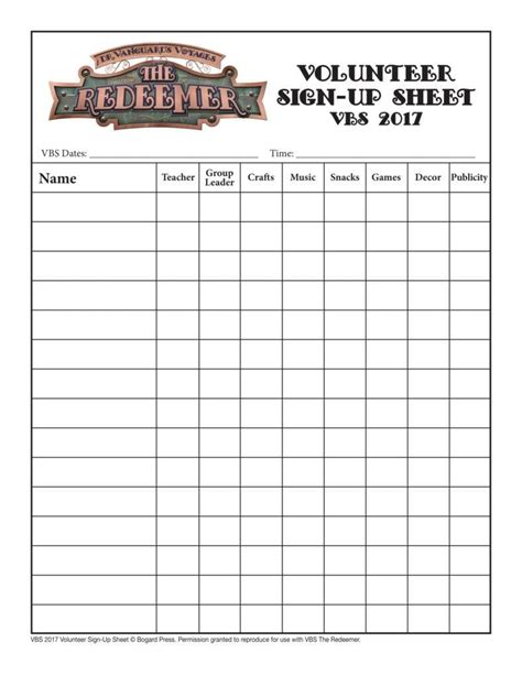 Printable Volunteer Sign Up Sheet Template