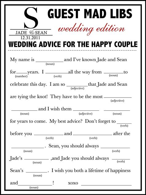 Printable Wedding Mad Libs