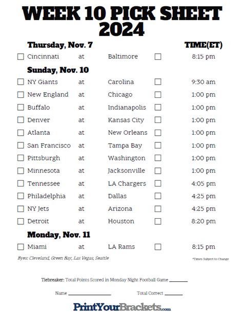 Printable Week 10 Nfl Schedule