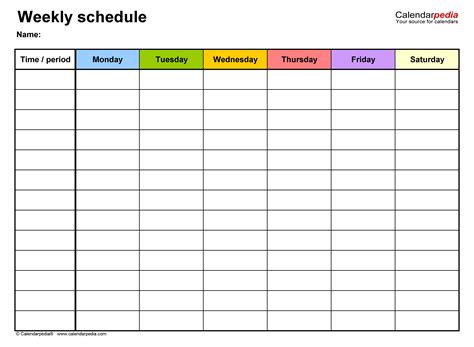 Printable Weekly Calendar Excel