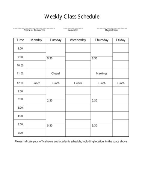Printable Weekly Class Schedule Template