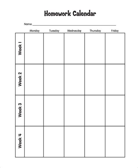 Printable Weekly Homework Calendar
