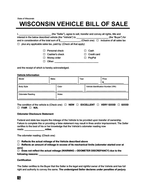Printable Wisconsin Vehicle Bill Of Sale