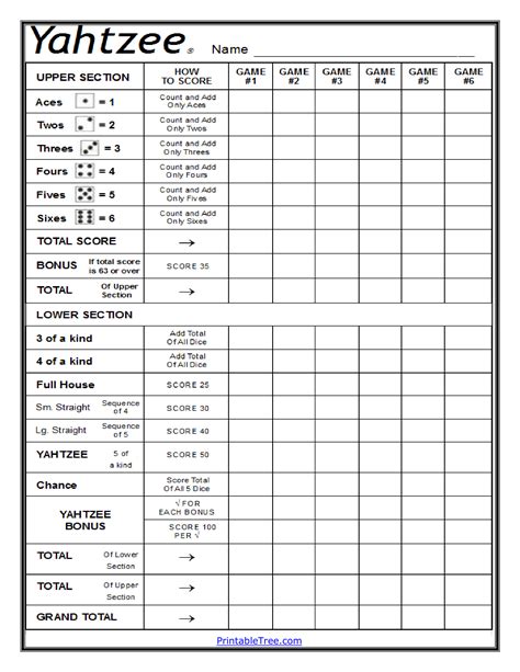 Printable Yahtzee Game Sheets