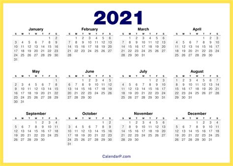 Printable Yearly Calendar 2021