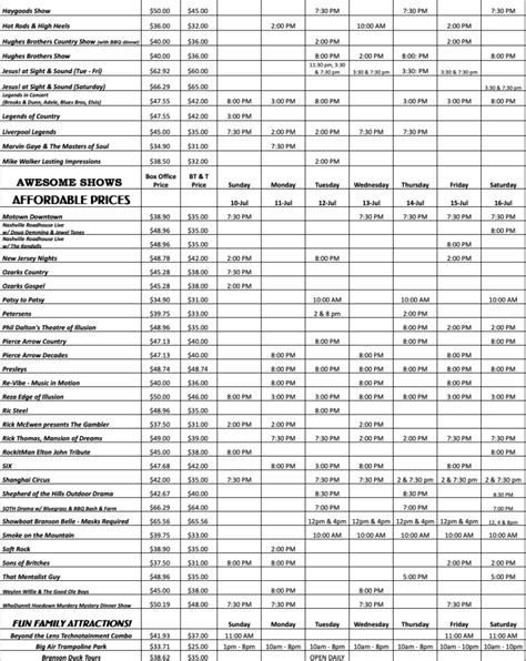 Printable List Of Branson Shows
