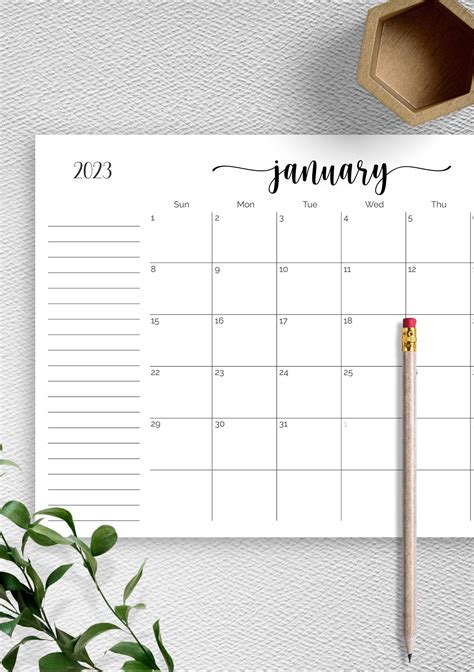 Printable Numbered Weeks Calendar with Notes Section
