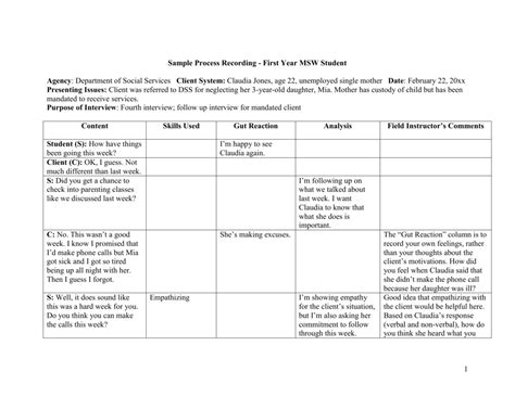 Process Recording Template Social Work