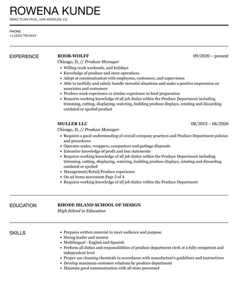 Produce Manager Resume Example Safeway Littleton, Colorado