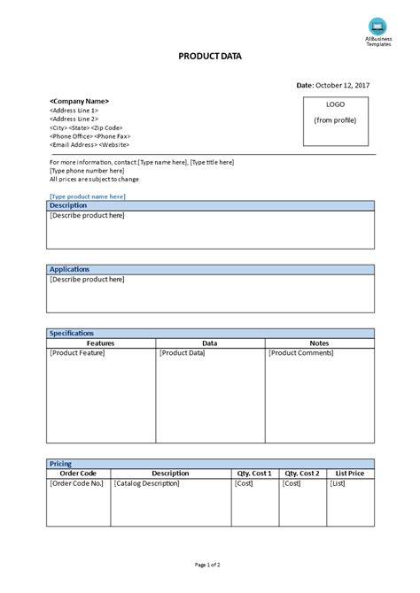 Product Data Sheet Template
