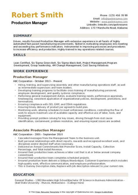 Production Manager Resume Sample