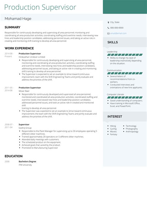 Production Supervisor Resume Template