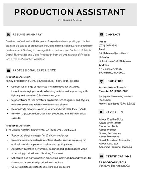 Production Assistant Resume Template