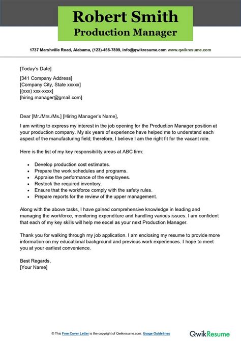 Production Manager Cover Letter Sample