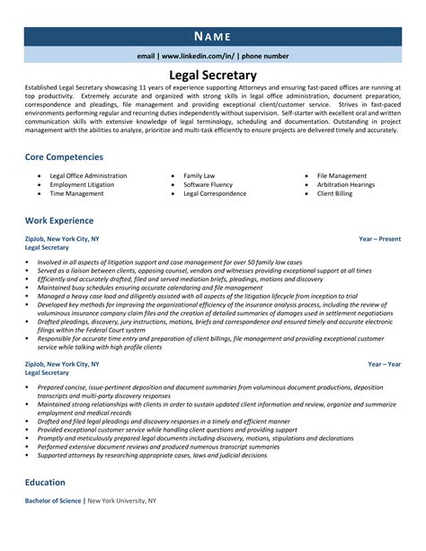 Professional Sample Legal Secretary Resume