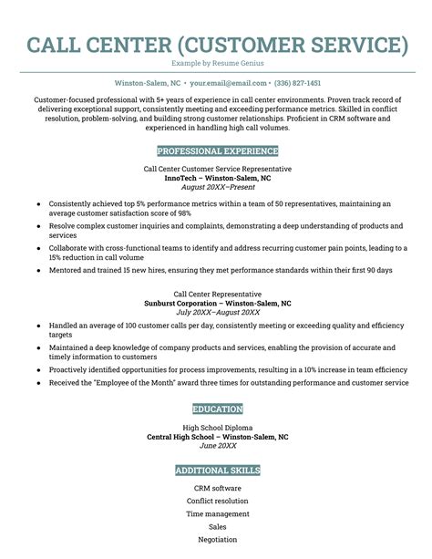 Professional Call Center Professional Customer Service Resume Examples