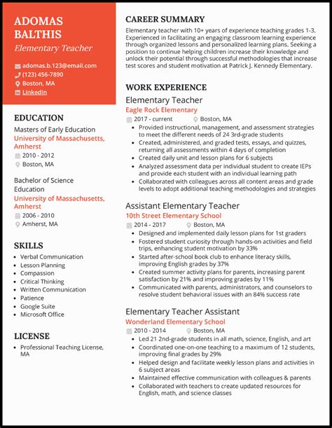 Professional Elementary Teacher Resume Examples