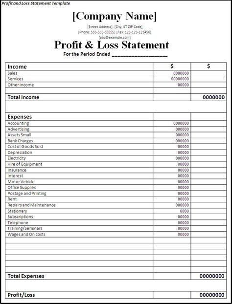 Profit & Loss Statement Template Excel