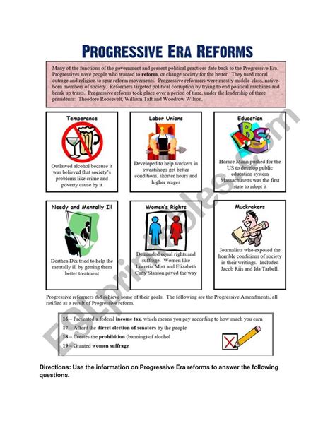 Progressive Era Reforms Worksheet