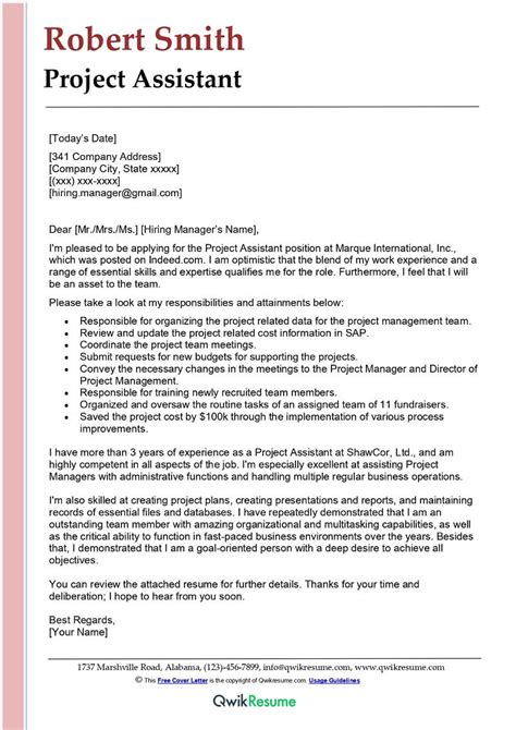 Project Assistant Cover Letter