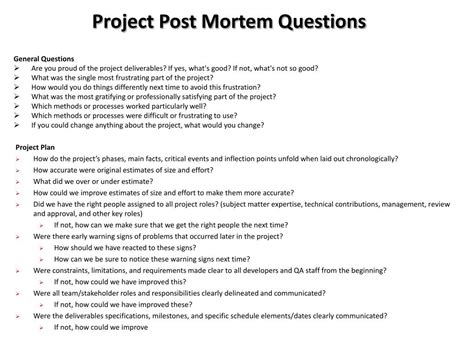 Project Post Mortem Questions pertaining to Post Mortem Template
