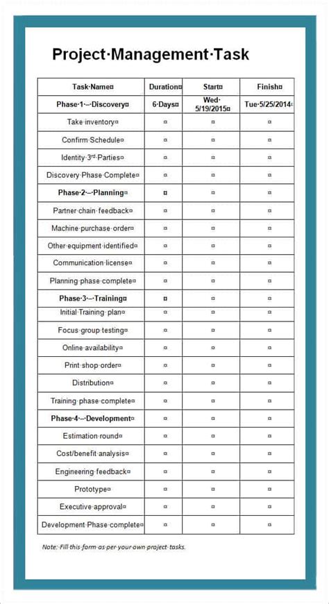 Project Task List Template Printable