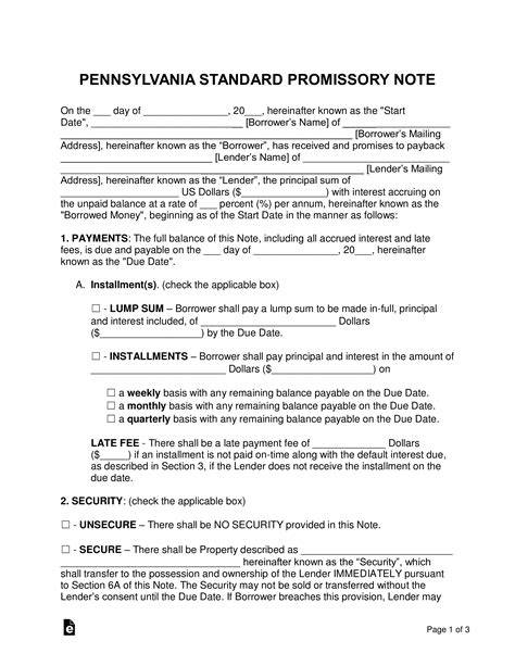 Promissory Note Template Pennsylvania