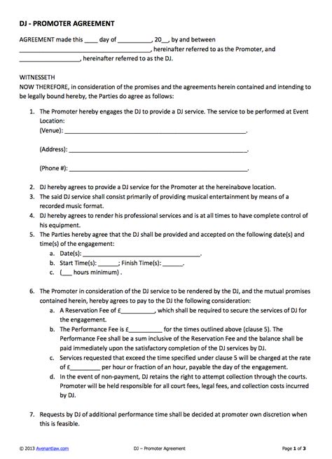 Entertainer / artist / promoter contract in Word and Pdf formats page