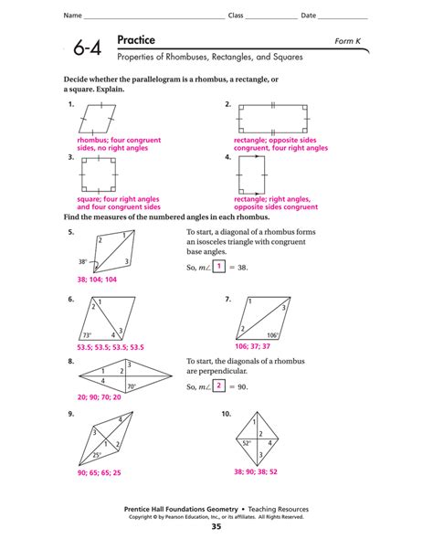 Properties Of Rhombi Worksheet Answers