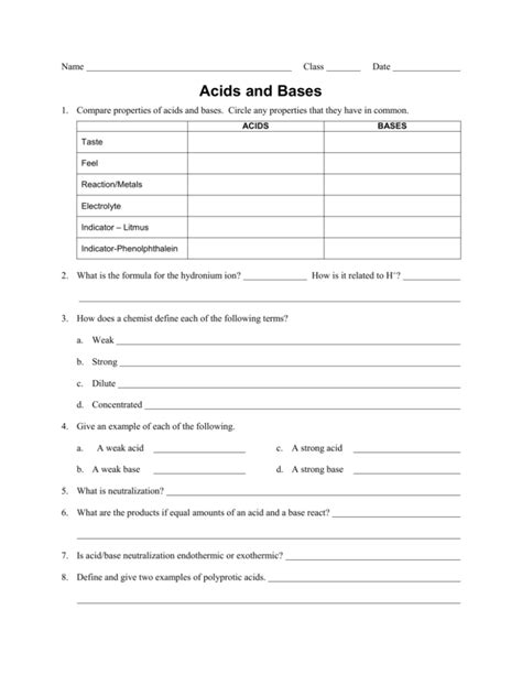 Properties Of Acid And Bases Worksheet