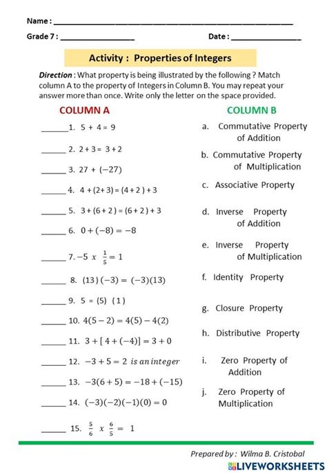 Properties Of Integers Worksheet Grade 7 Pdf