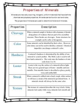 Properties Of Minerals Worksheet