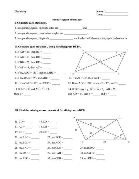 Properties Of Parallelograms Worksheet Answers