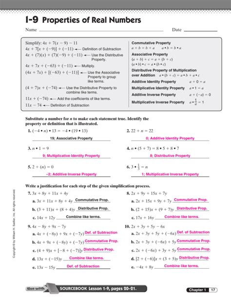 Properties Of Real Numbers Practice A Worksheet Answers