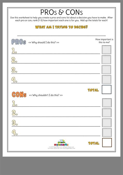 Pros And Cons Worksheet